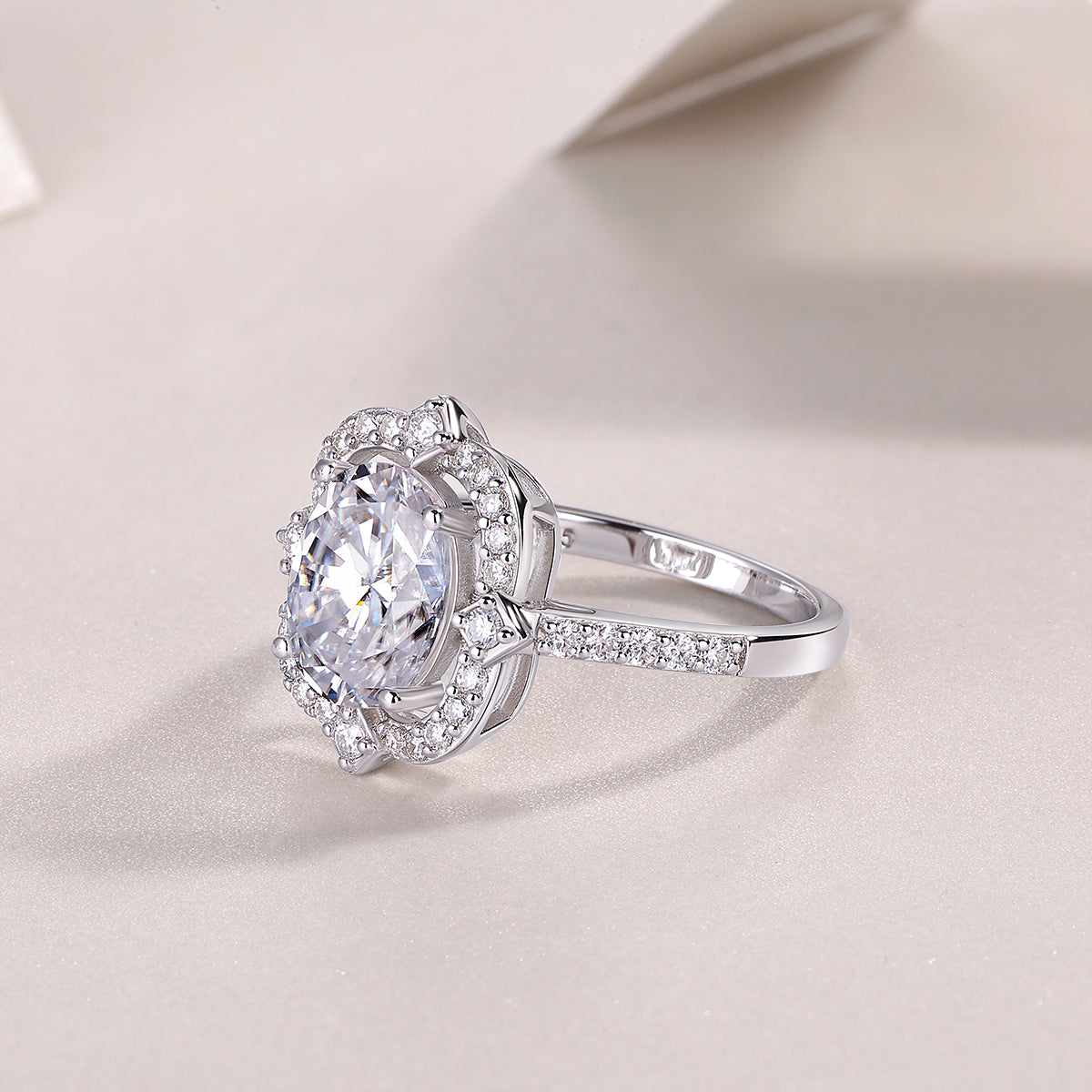 Oval Moissanite Ring with Floral Pave Halo in 925 Sterling Silver