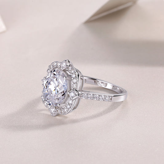 Oval Moissanite Ring with Floral Pave Halo in 925 Sterling Silver