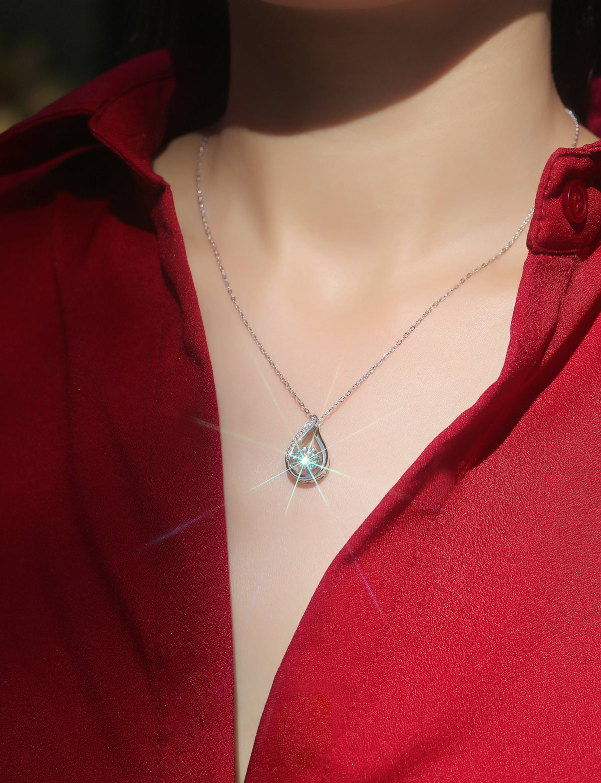 Round Moissanite Open Teardrop Pendant Necklace in 925 Silver - worn