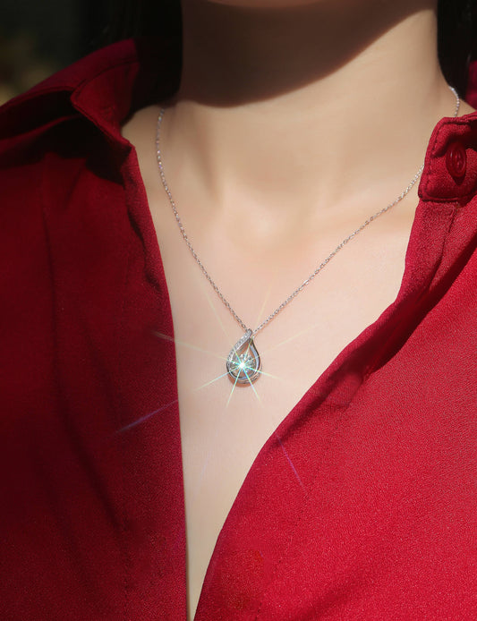 Round Moissanite Open Teardrop Pendant Necklace in 925 Silver - worn