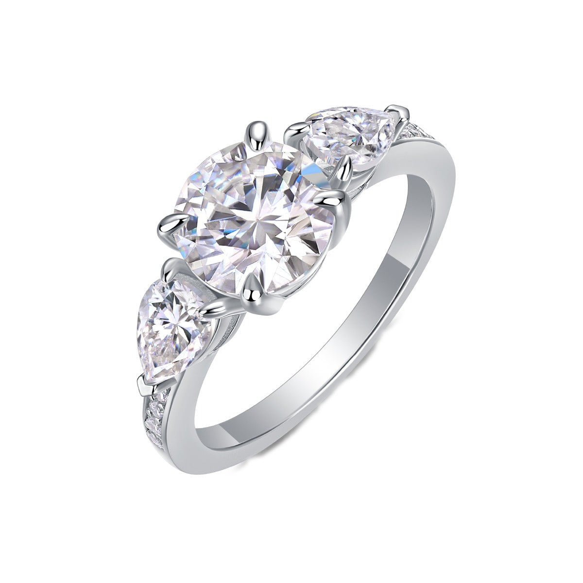 Round Moissanite Ring with Pear Side Stones in 925 Sterling Silver