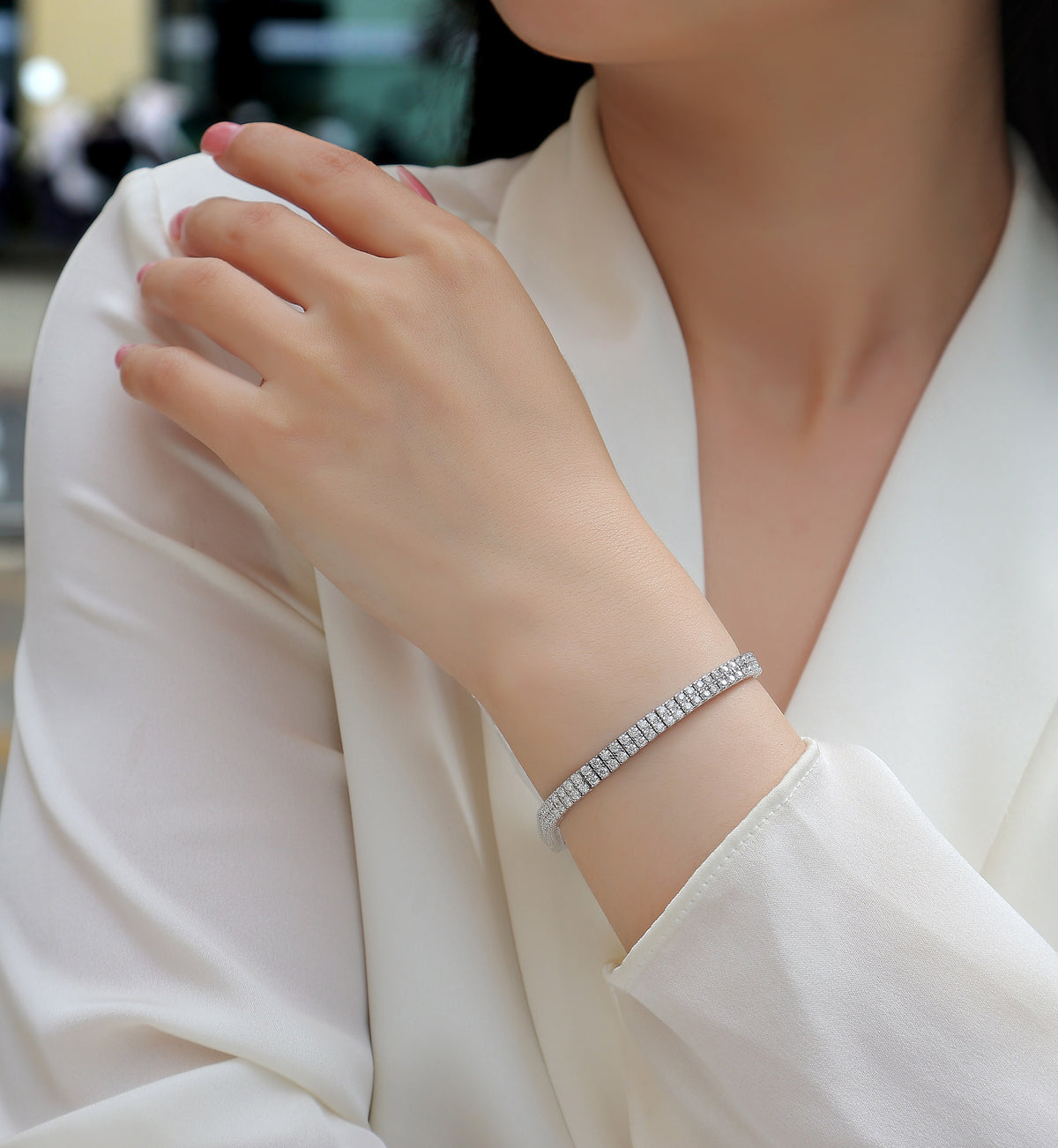 Two-Row Moissanite Tennis Bracelet in 925 Sterling Silver - worn