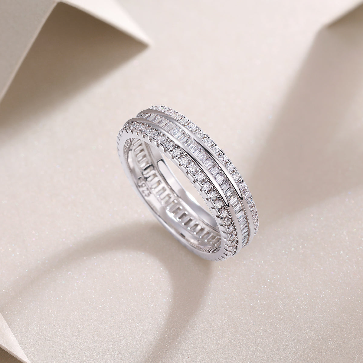 Baguette and Round Moissanite Three-Row Eternity Band in 925 Silver