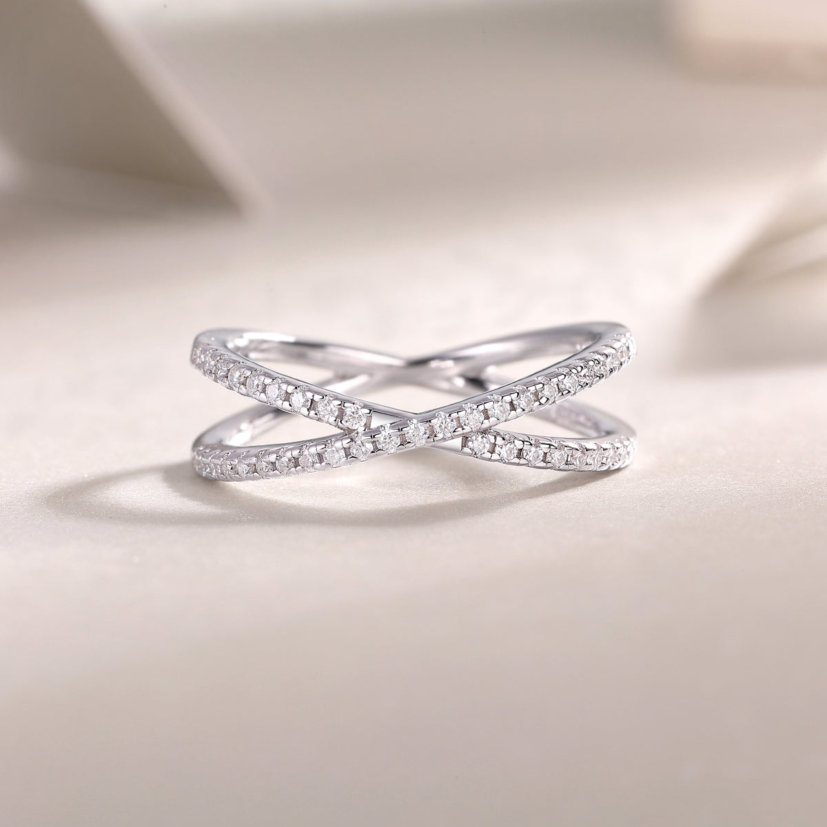 Moissanite Pave Criss-Cross X Ring in 925 Sterling Silver
