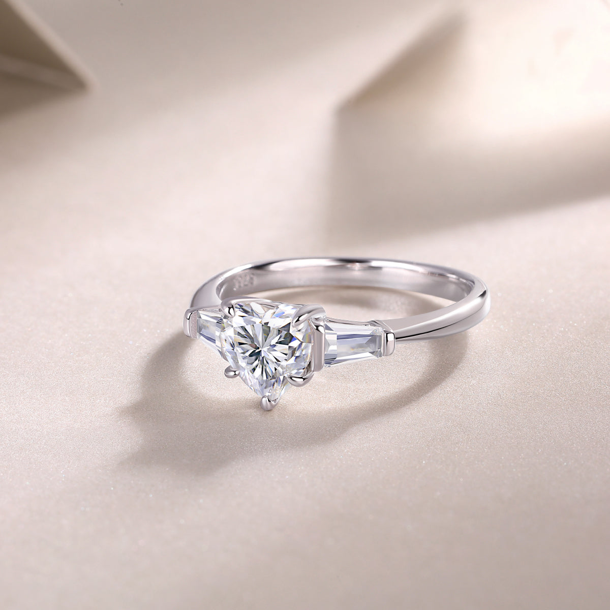 Heart Moissanite Ring with Tapered Baguette Side Stones in 925 Silver