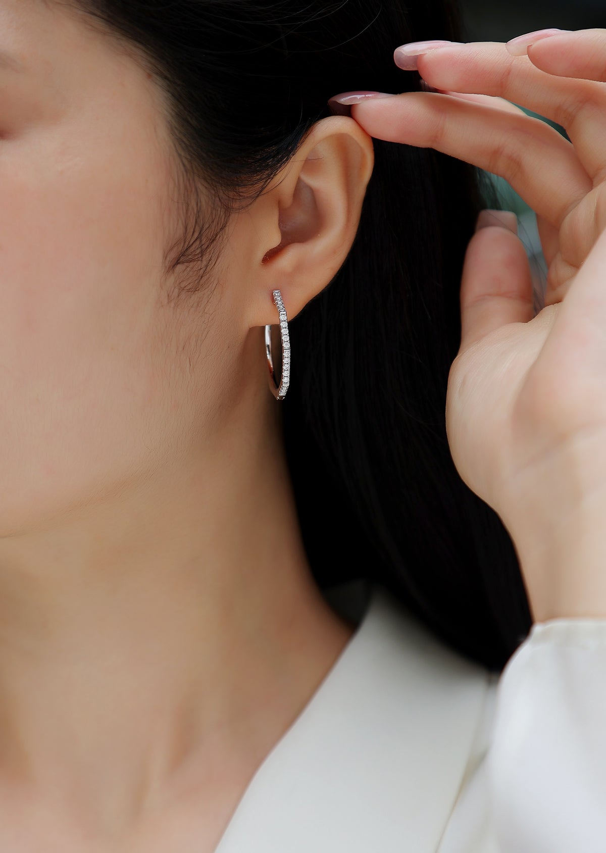 Moissanite Pave Large Hoop Earrings in 925 Sterling Silver - worn