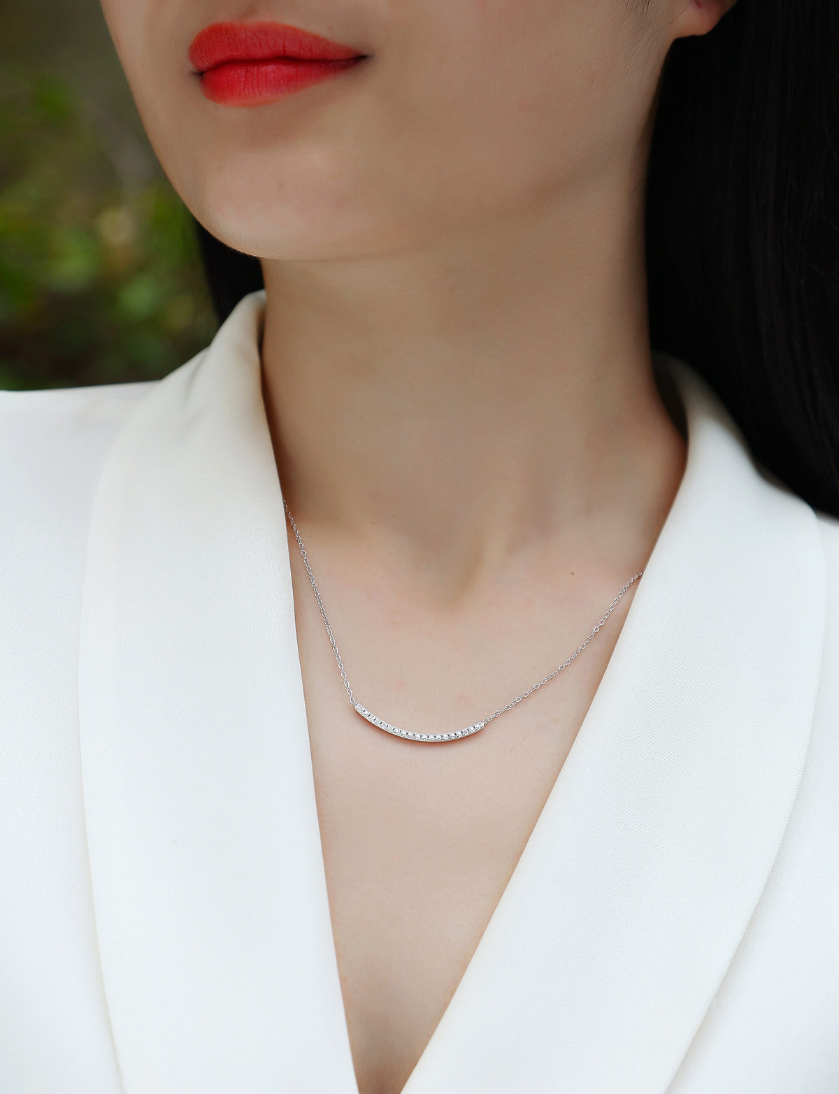 Pave Moissanite Curved Bar Necklace in 925 Sterling Silver - worn