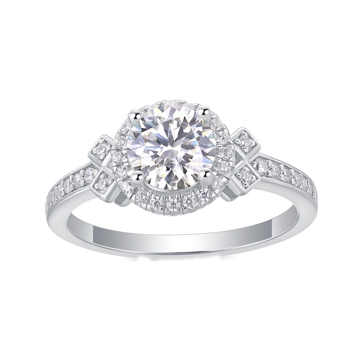 Round Moissanite Halo Ring with Geometric Side Accents in 925 Silver