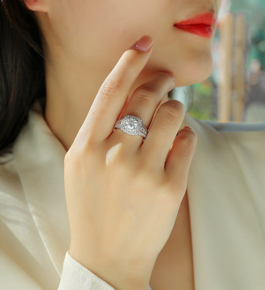 Round Moissanite Double-Halo Split-Shank Ring in 925 Sterling Silver - worn
