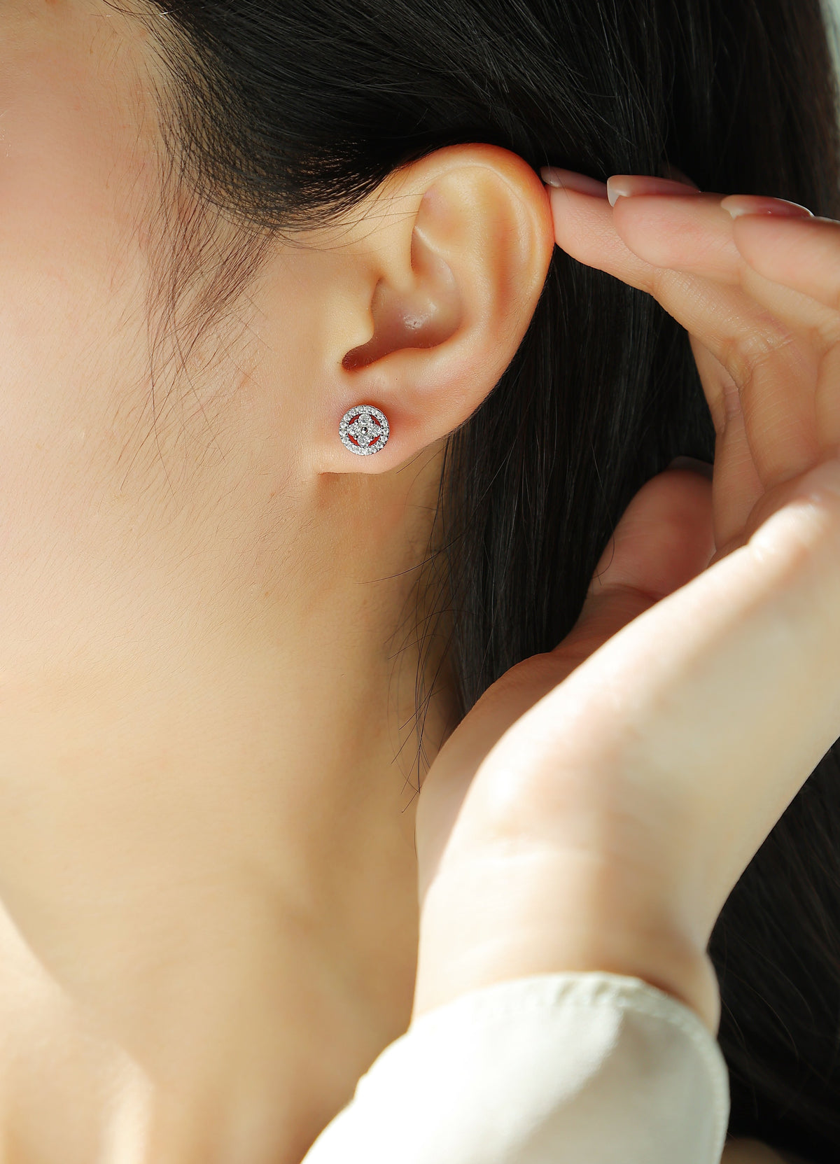 Round Moissanite Cluster Halo Stud Earrings in 925 Sterling Silver - worn