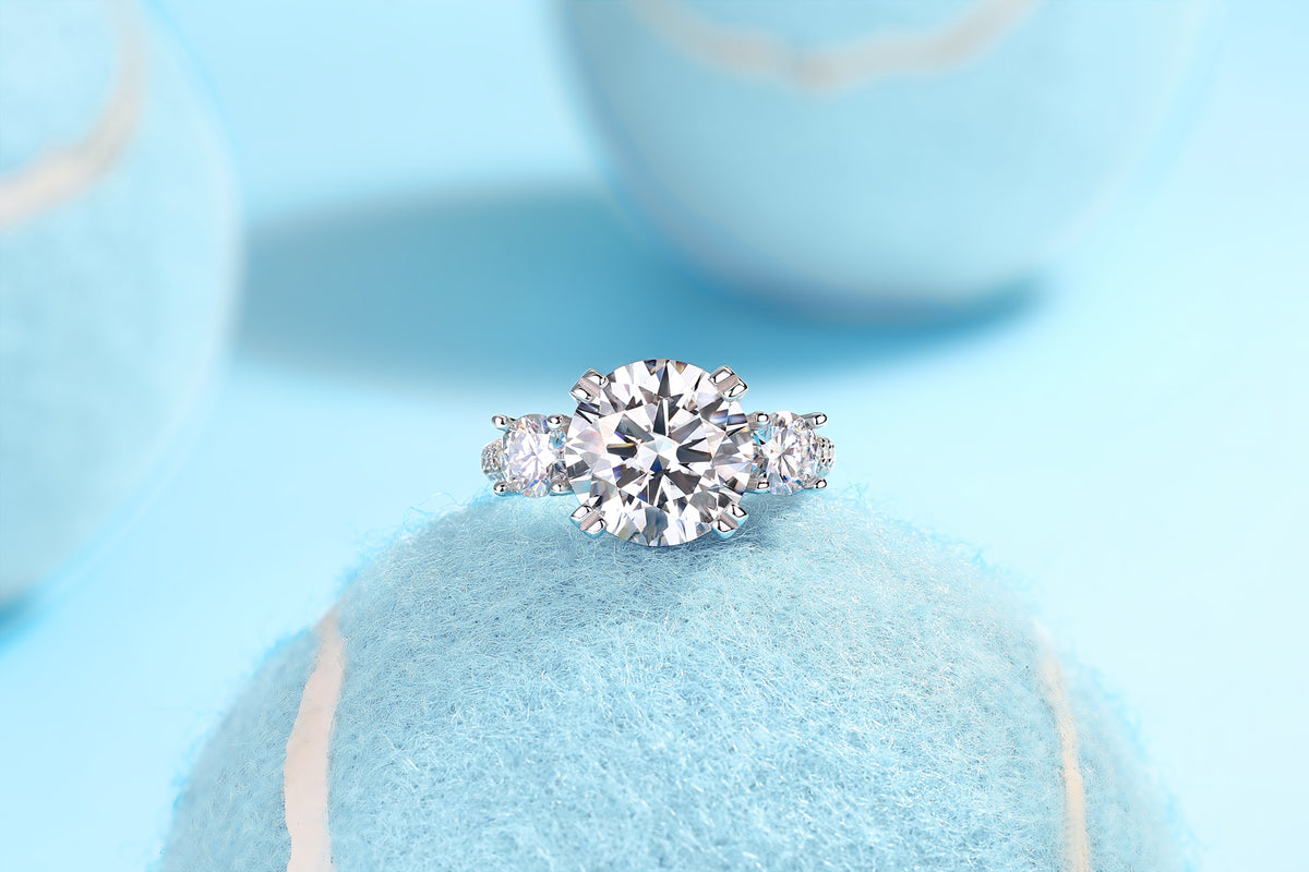 Round Moissanite Three-Stone Ring with Pave Band in 925 Sterling Silver