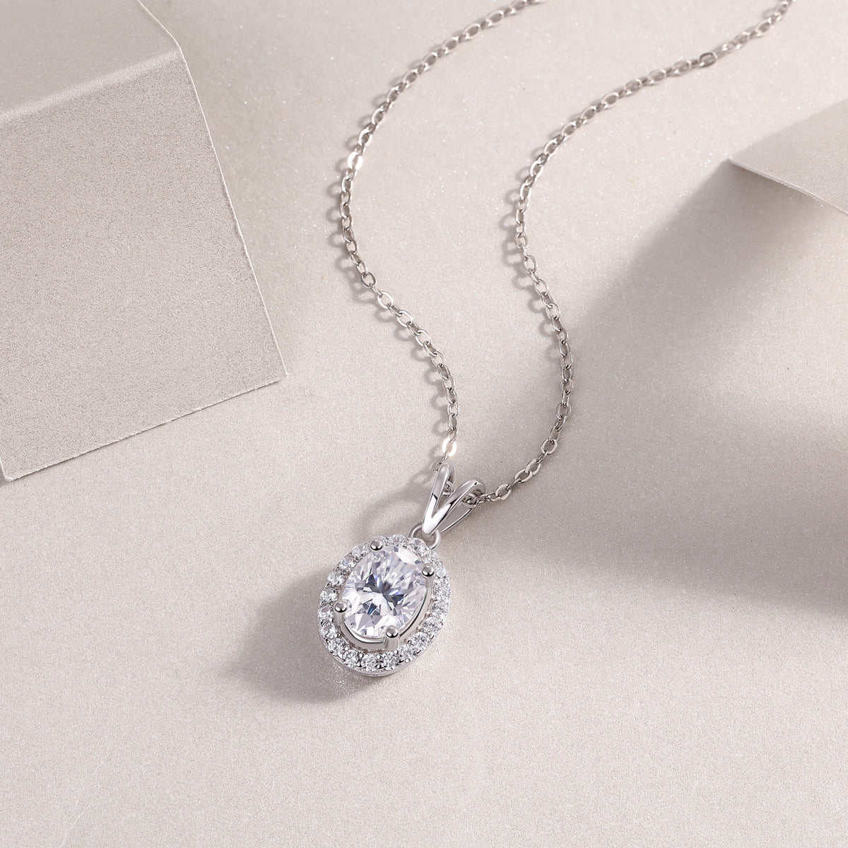 Oval Moissanite Halo Pendant Necklace in 925 Sterling Silver
