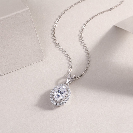 Oval Moissanite Halo Pendant Necklace in 925 Sterling Silver