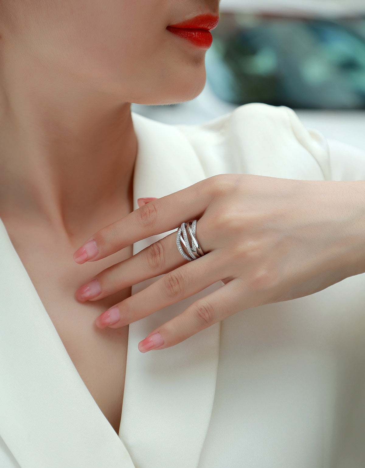 Moissanite Multi-Band Crossover Pave Wrap Ring in 925 Sterling Silver - worn
