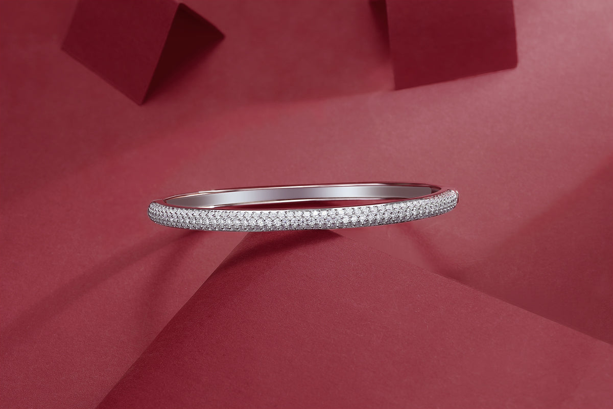 Pave Moissanite Hinged Bangle Bracelet in 925 Sterling Silver