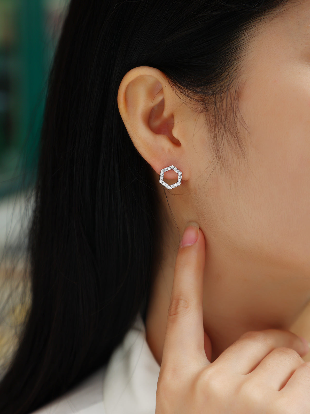 Moissanite Pave Open Hexagon Stud Earrings in 925 Sterling Silver - worn