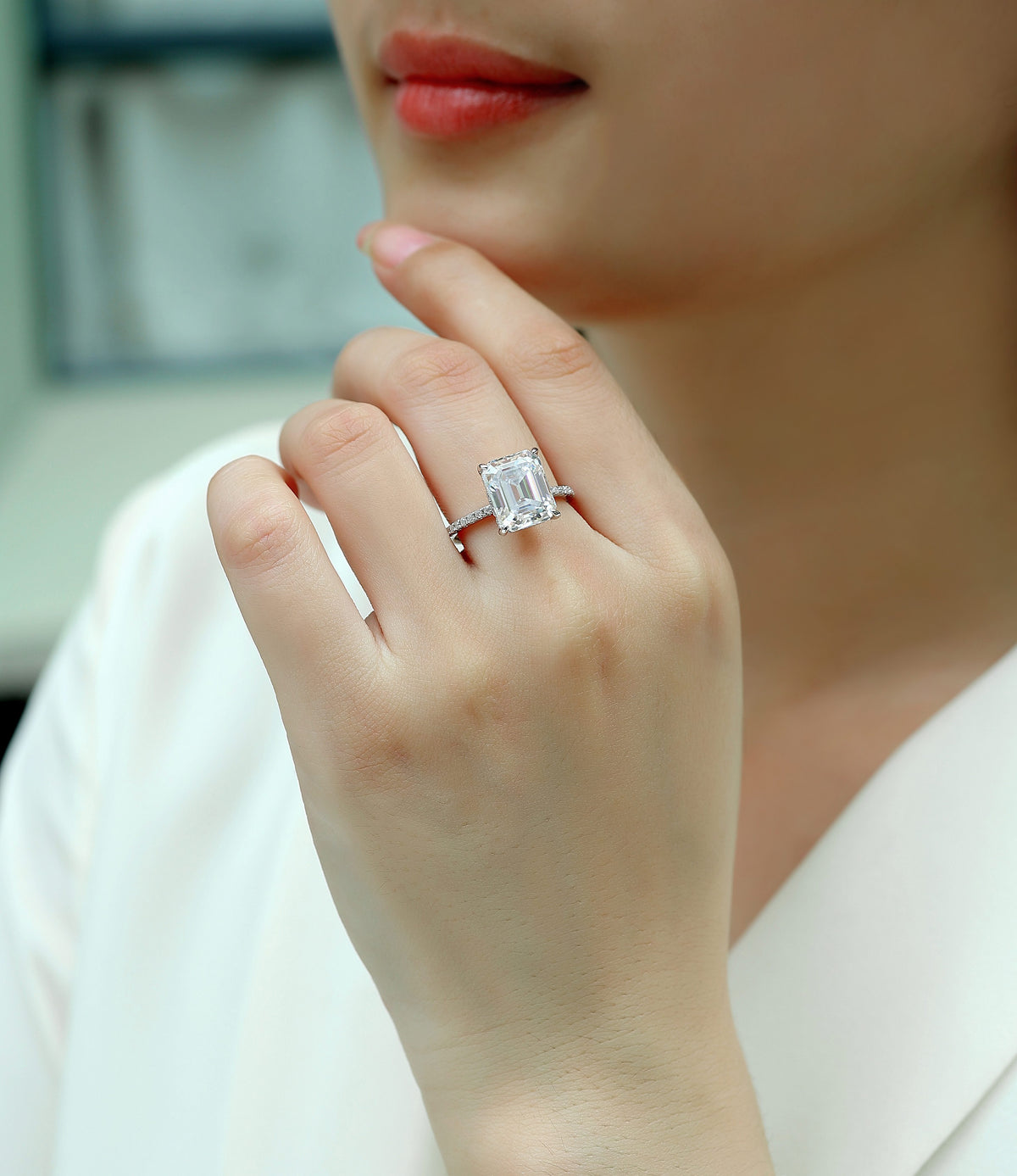 Emerald-Cut Moissanite Hidden-Halo Solitaire Ring in 925 Silver - worn