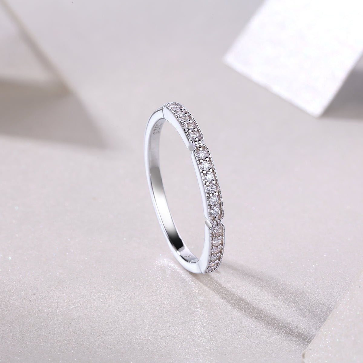 Moissanite Milgrain Pave Stacking Band in 925 Sterling Silver