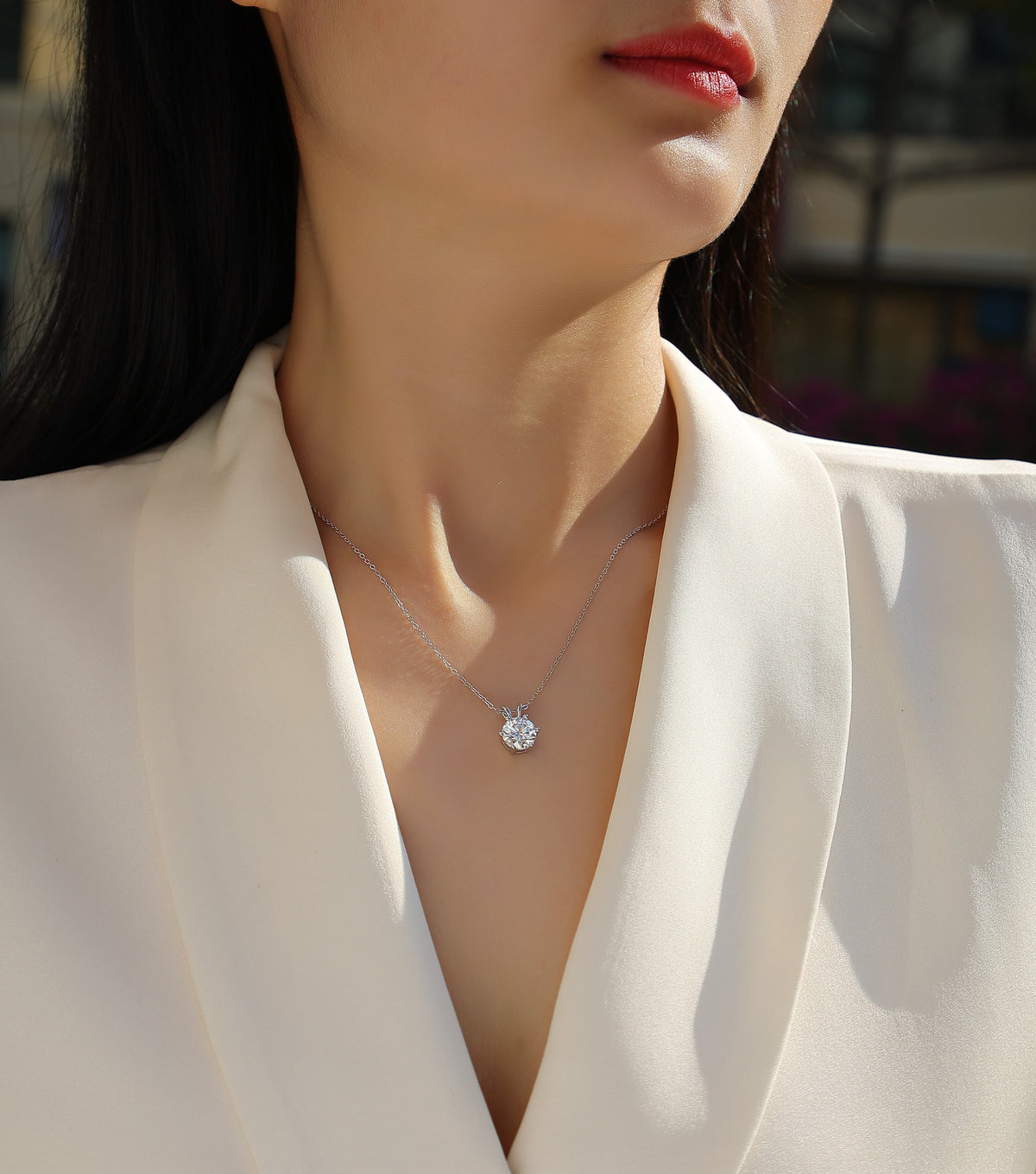 Round Moissanite Six-Prong Solitaire Pendant Necklace in 925 Silver - worn