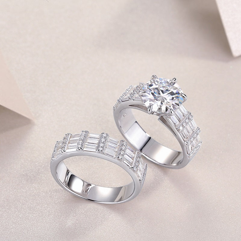 Round Moissanite Solitaire on Wide Baguette Band in 925 Silver