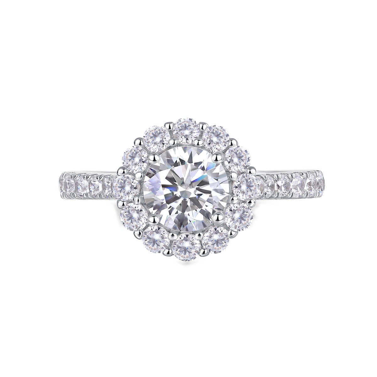 Round Moissanite Floral Halo Ring with Pave Band in 925 Silver
