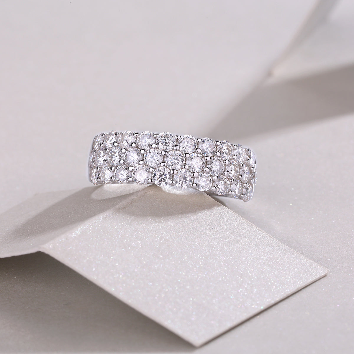 Wide Moissanite Three-Row Shared-Prong Band in 925 Sterling Silver
