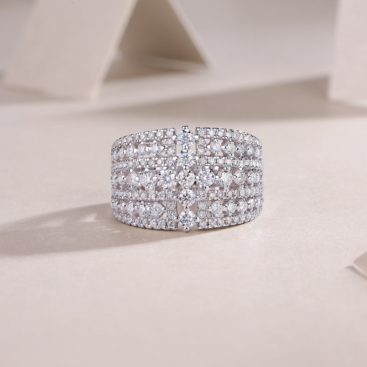 Wide Multi-Row Moissanite Pave Cocktail Ring in 925 Sterling Silver