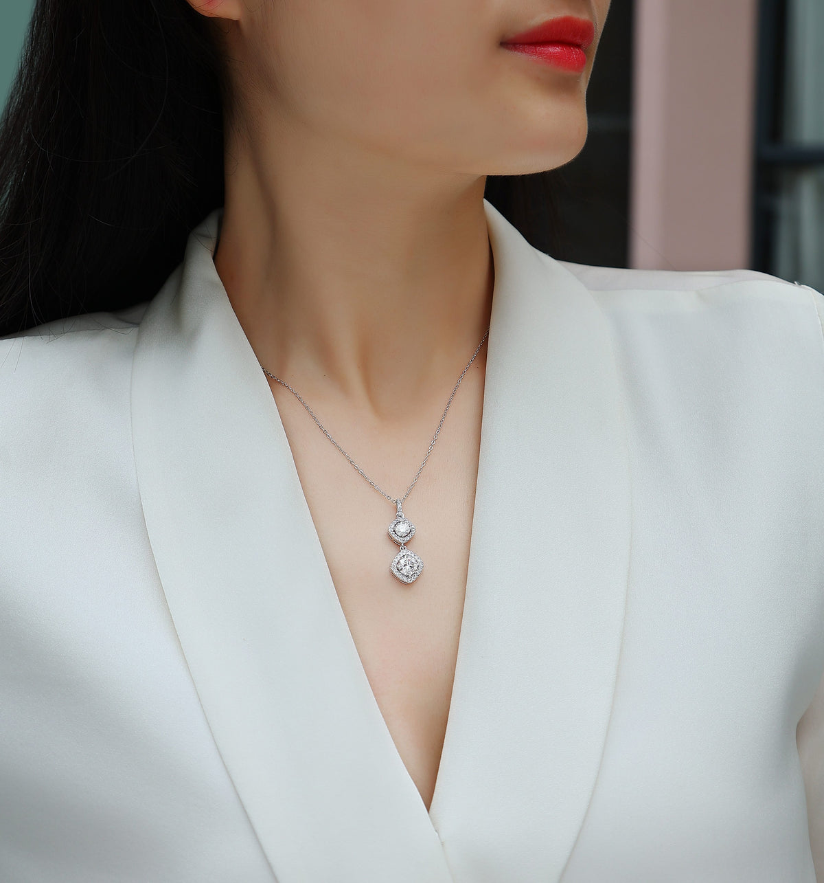 Round Moissanite Double Cushion-Halo Drop Pendant in 925 Silver - worn