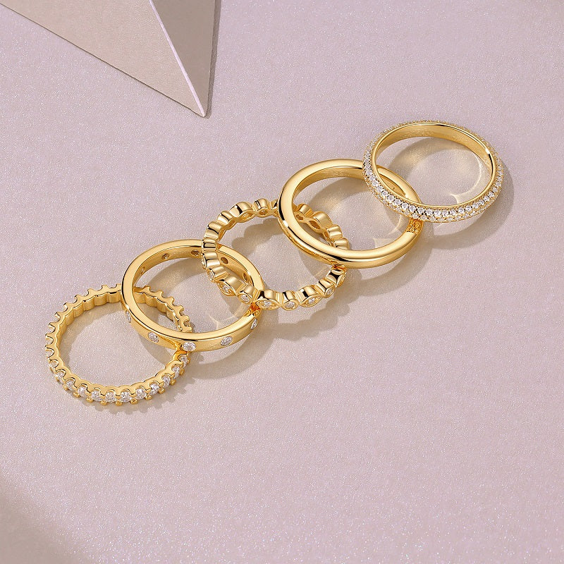 Moissanite Five-Piece Stacking Ring Set in Gold-Plated 925 Silver