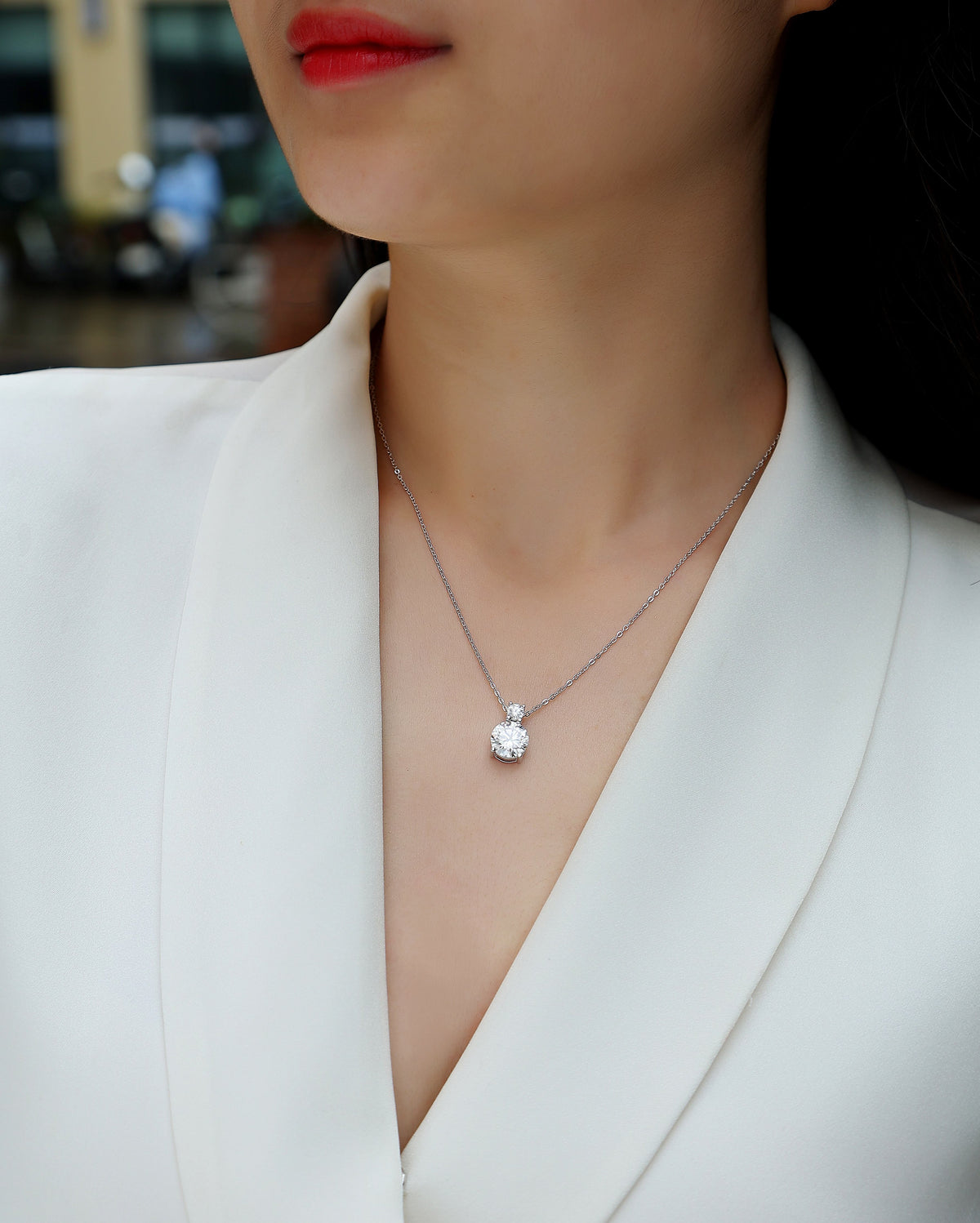 Round Moissanite Two-Stone Drop Pendant Necklace in 925 Silver - worn