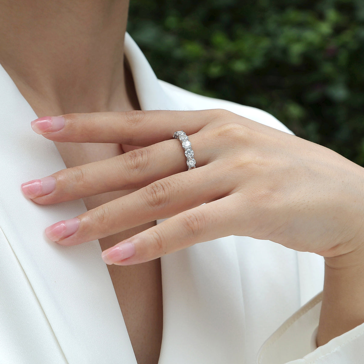 Oval Moissanite Shared-Prong Eternity Band in 925 Sterling Silver - worn