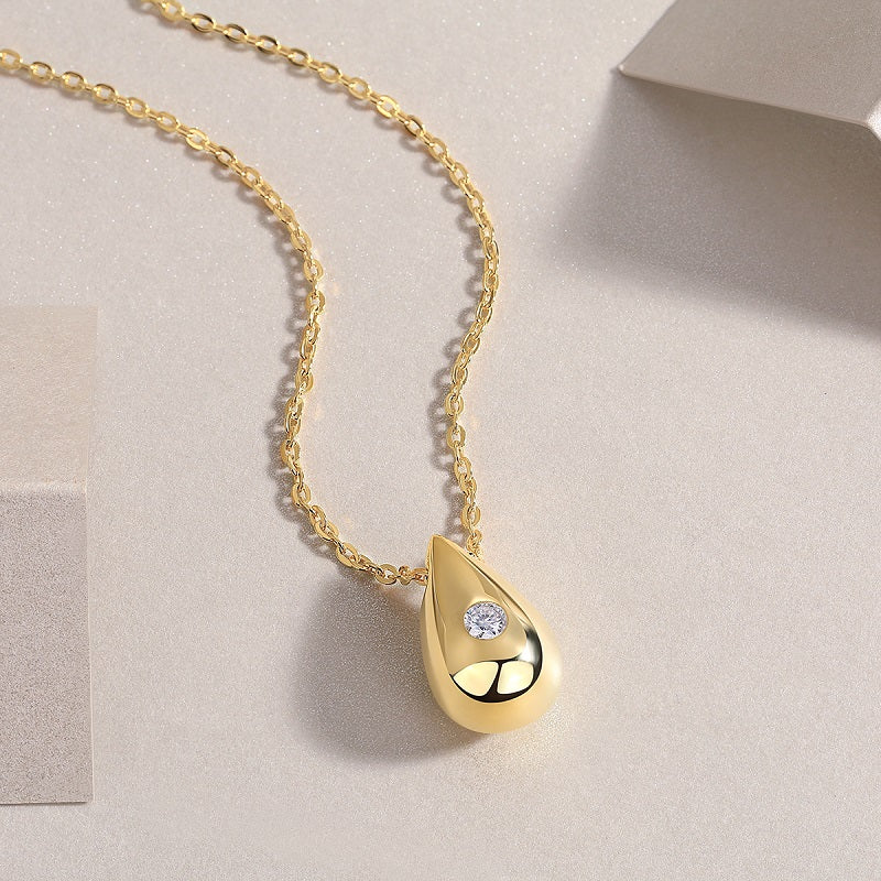 Moissanite Accent Polished Teardrop Pendant in Gold-Plated 925 Silver