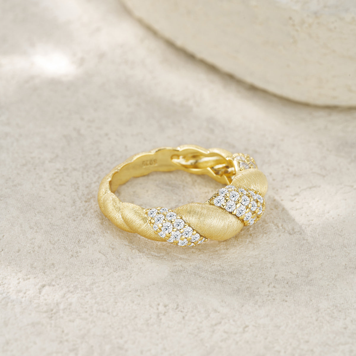Moissanite Pave Twisted Croissant Dome Ring in Gold-Plated 925 Silver
