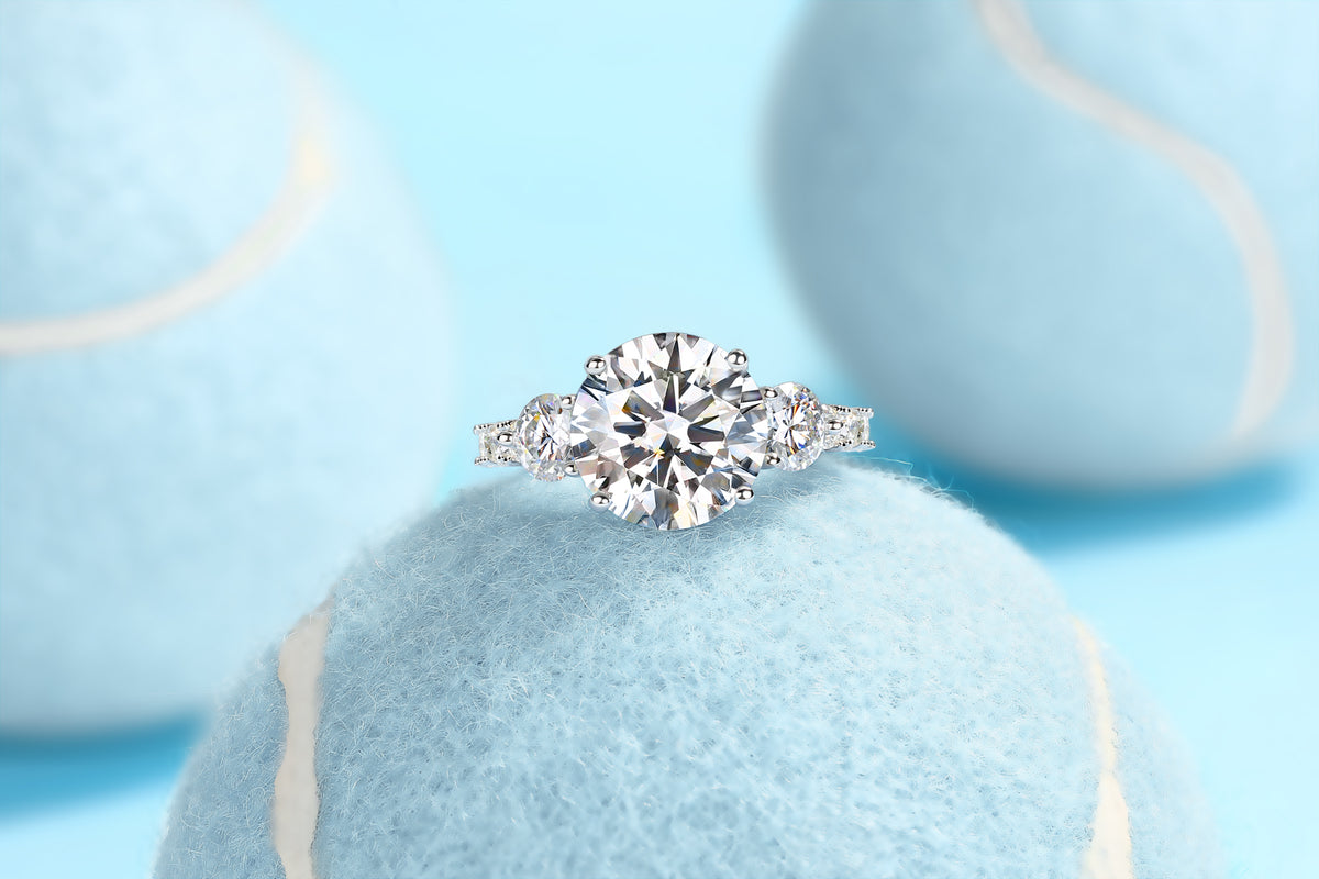 Round Moissanite Three-Stone Ring with Pave Band in 925 Silver