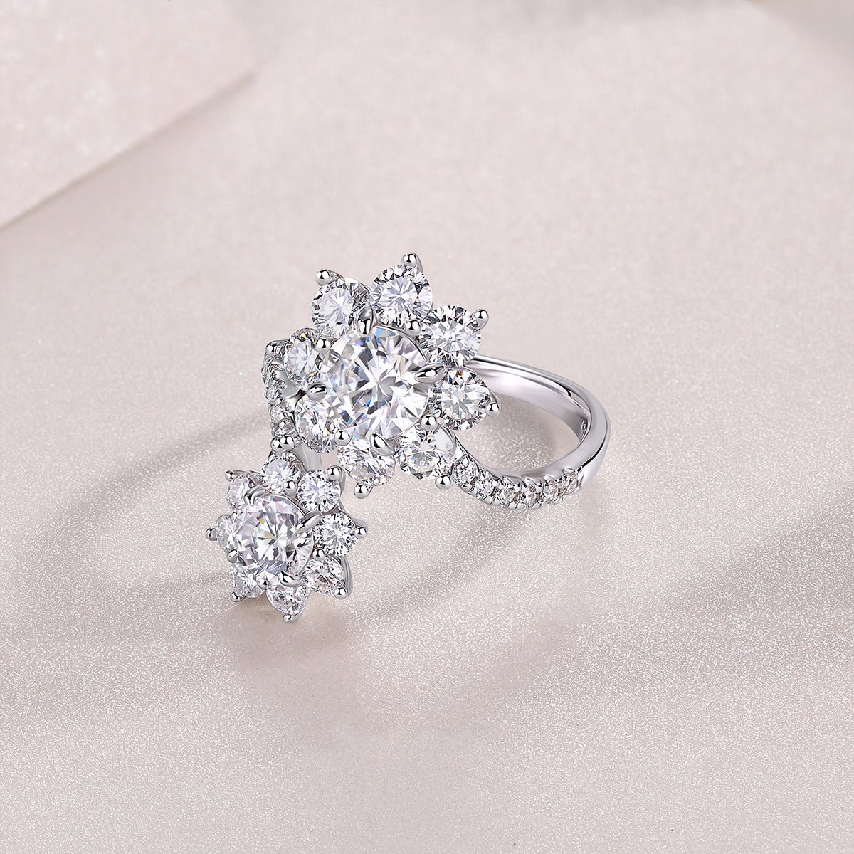 Moissanite Double Flower Cluster Bypass Ring in 925 Sterling Silver