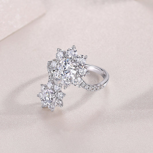 Moissanite Double Flower Cluster Bypass Ring in 925 Sterling Silver