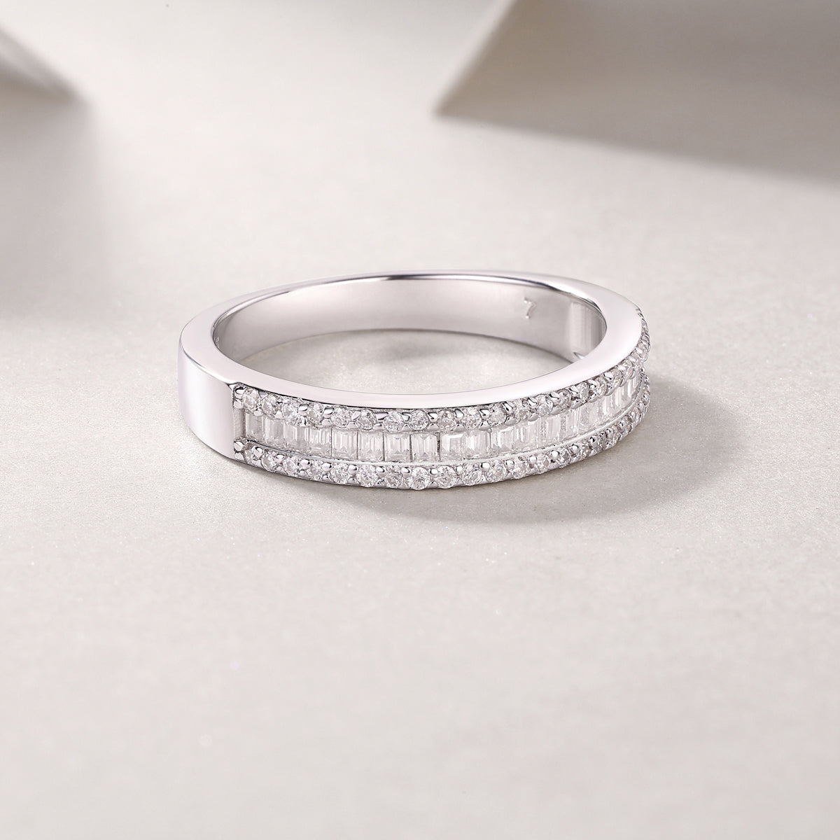 Baguette and Round Moissanite Three-Row Band in 925 Sterling Silver