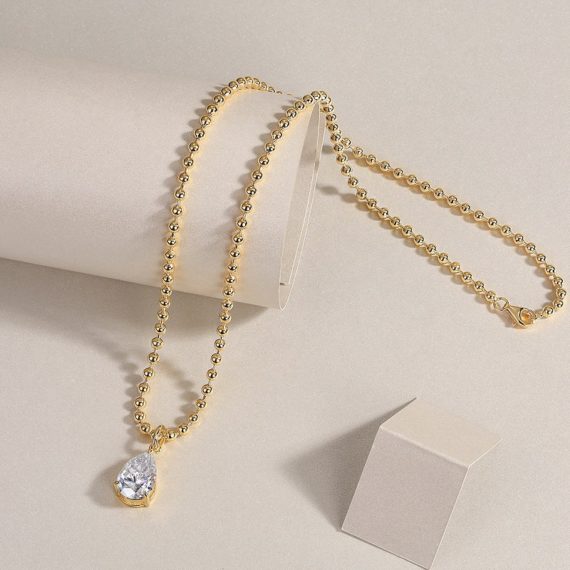 Pear Moissanite Pendant on Ball Chain in Gold-Plated 925 Silver