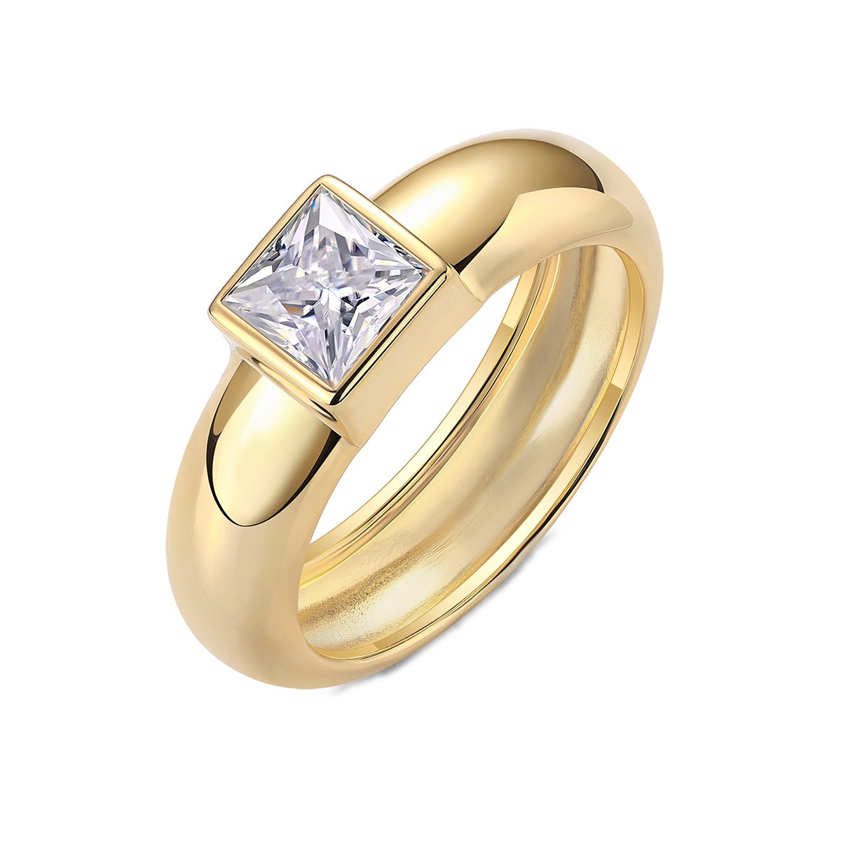 Princess-Cut Moissanite Bezel Dome Ring in Gold-Plated 925 Silver