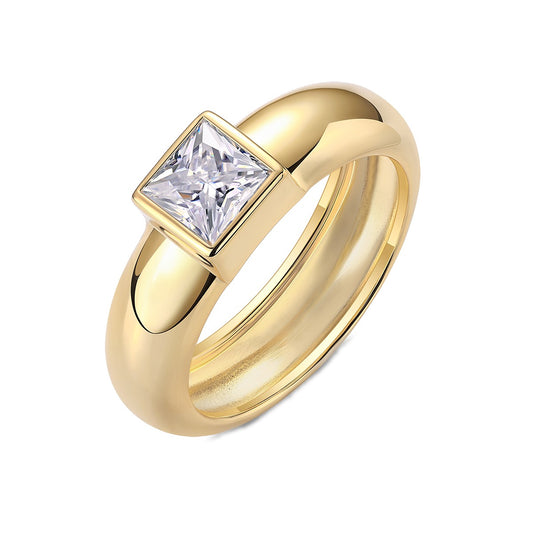 Princess-Cut Moissanite Bezel Dome Ring in Gold-Plated 925 Silver