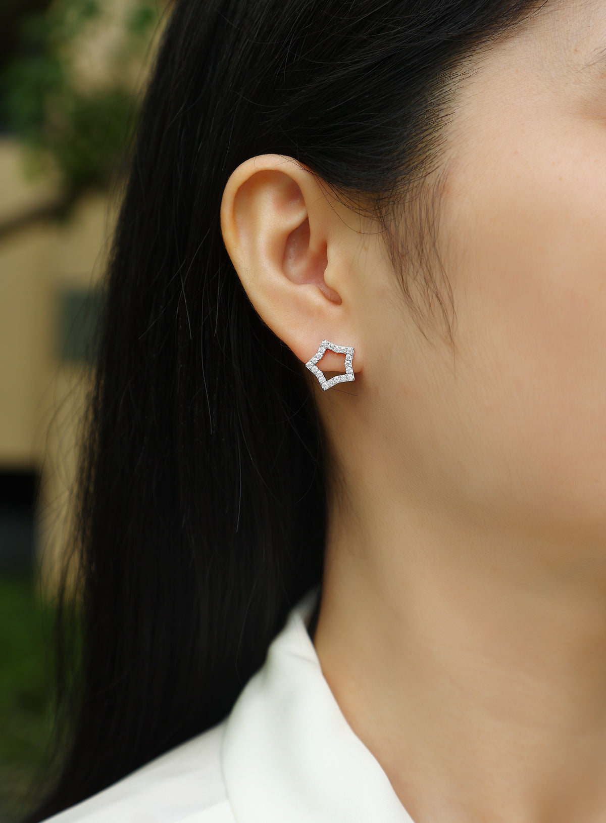 Moissanite Pave Open Star Stud Earrings in 925 Sterling Silver - worn