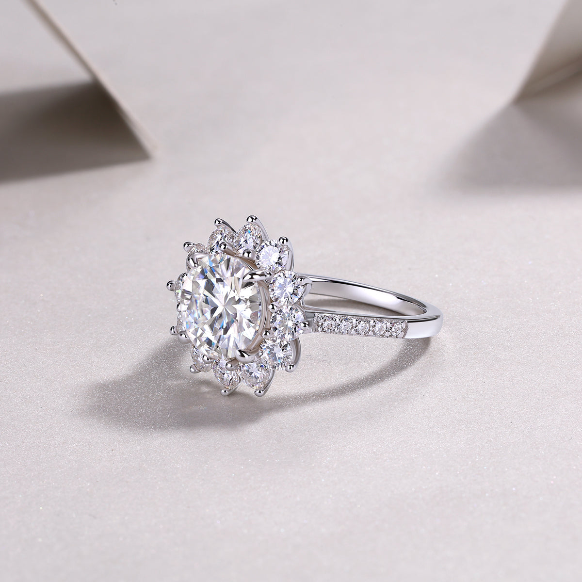 Round Moissanite Sunflower Halo Ring with Pear Petals in 925 Silver