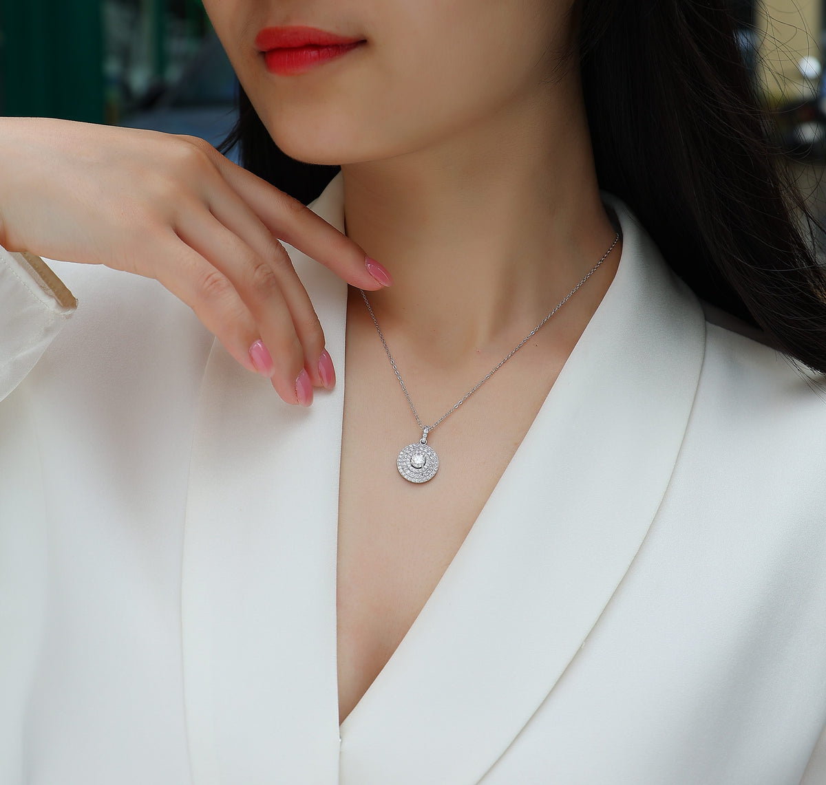 Round Moissanite Double-Halo Disc Pendant Necklace in 925 Silver - worn