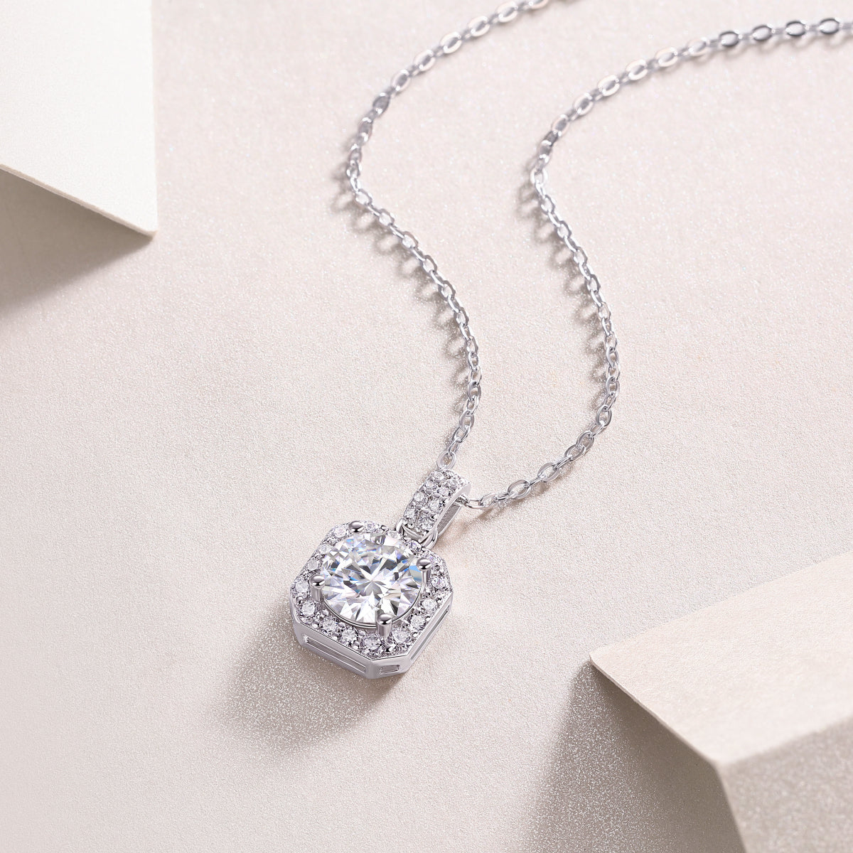 Round Moissanite Octagon Halo Pendant Necklace in 925 Sterling Silver