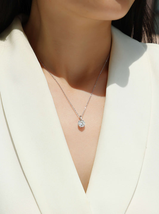 Round Moissanite Solitaire Bail Pendant Necklace in 925 Sterling Silver - worn