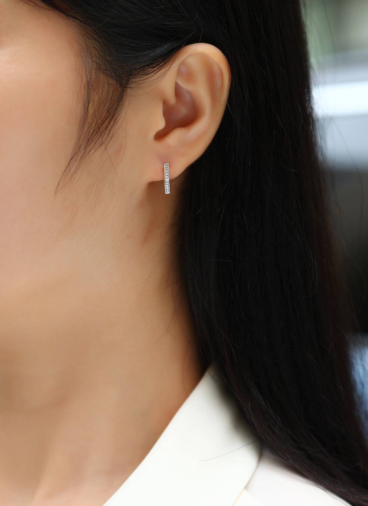 Moissanite Pave Hexagon Huggie Hoop Earrings in 925 Sterling Silver - worn