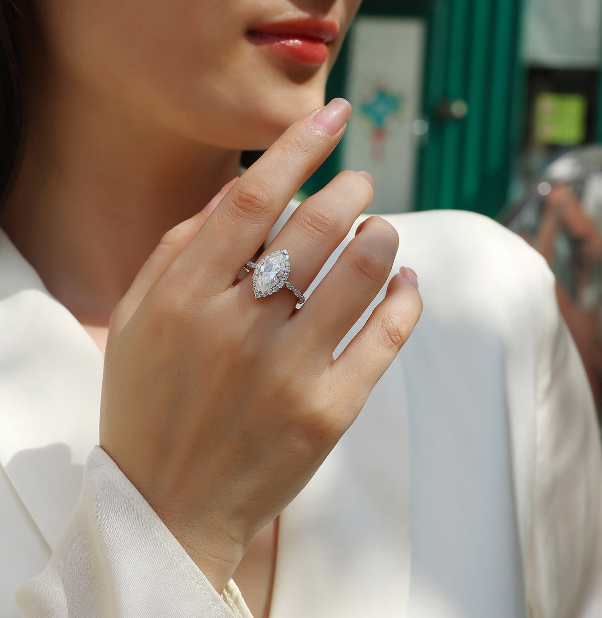 Marquise Moissanite Vintage-Style Halo Engagement Ring in 925 Silver - worn