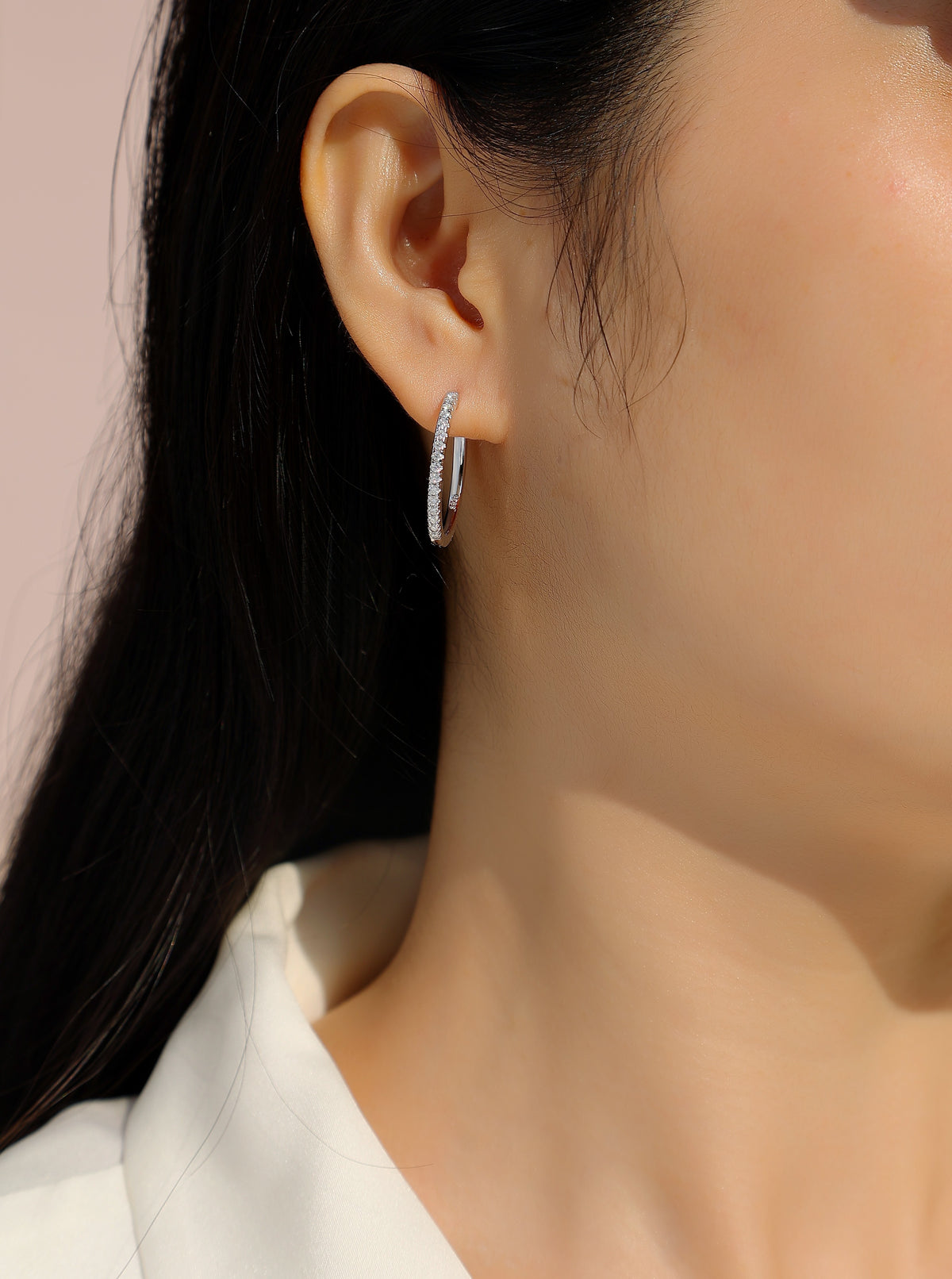 Moissanite Pave Front Hoop Earrings in 925 Sterling Silver - worn
