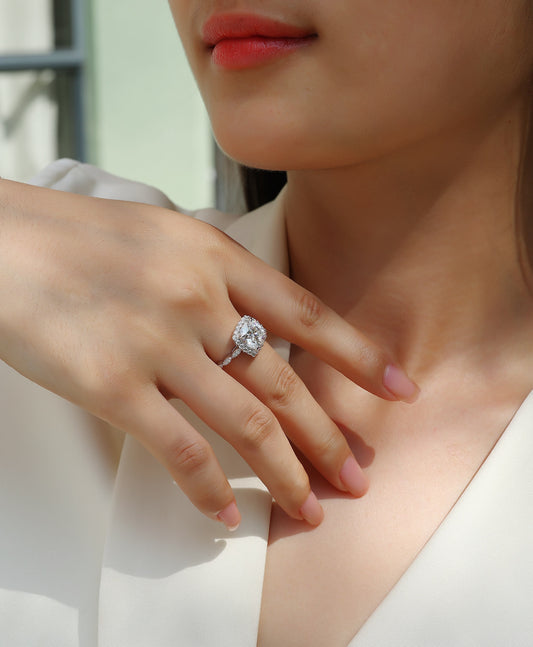 Cushion-Cut Moissanite Halo Ring in 925 Sterling Silver - worn