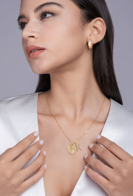 Moissanite Pave Initial and Fluted Heart Necklace in Gold-Plated 925 Silver - worn